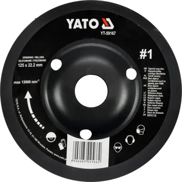 YATO Rotačná rašpľa uhlová 125 mm hrubá / Rašpľa / Upínací otvor 22,2 mm / Max. 13000 ot./min (YT-59167)