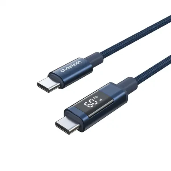 Choetech XCC-1068 modrá / Kábel USB-C (M) - USB-C (M) / PD 60W / displej s ukazovateľom výkonu / 1,2 m