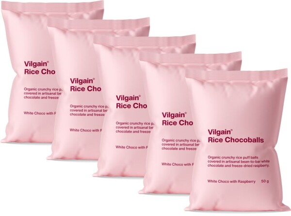 Vilgain Rice Chocoballs BIO – 5× Biela čokoláda s malinou 50 g
