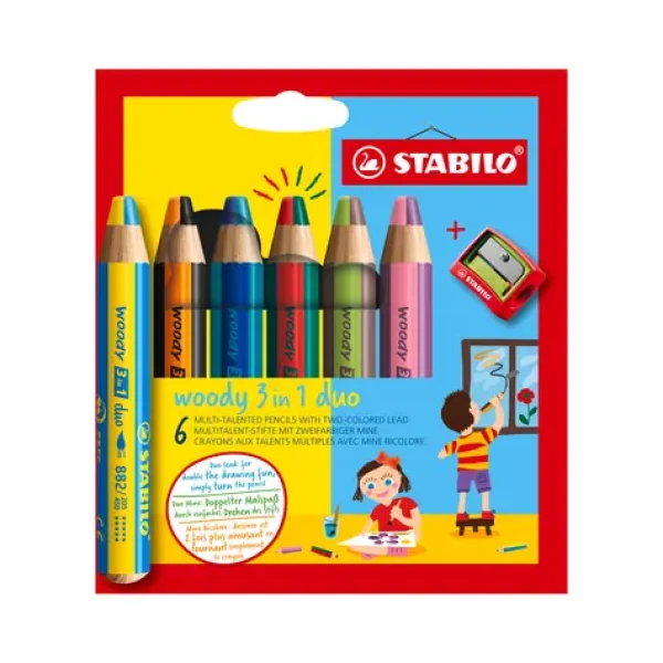 STABILO® Woody 3 in 1 duo - dvojfarebná tuha - 6 ks sada s strúhadlom (8826-2)