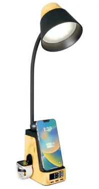 Immax Ideal svetlé drevo, čierna / LED stolná lampička / Qi nabíjanie / CCT / 8 W / 800 lm / budík s hodinami (09000L)
