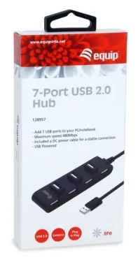 Equip 7- Port USB Hub čierna / USB hub / 7x USB 2.0 / 480 Mbps / Plug Play (128957)