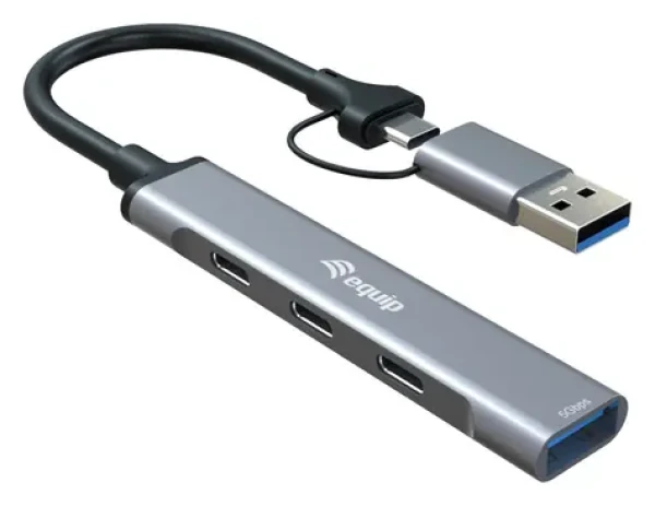 Equip sivá / USB hub / 4 porty / 3x USB-C, 1x USB-A / USB 3.2 Gen 1 / 5 Gbit/s (128969)