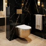 REA - Závesná WC misa vrátane sedátka RIMLESS Carlo Flat Brush zlato / biela REA-C6942