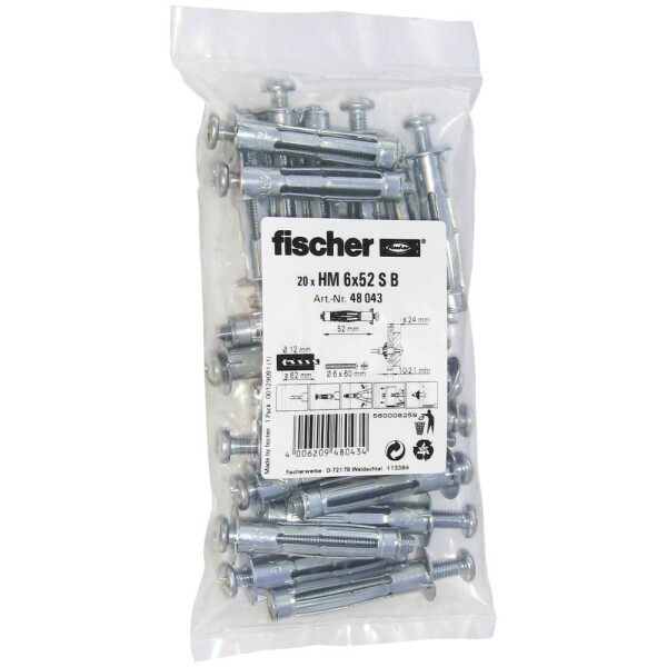 Fischer 6x52 S B hmoždinka do dutín 60 mm 48043 20 ks; 48043