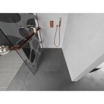 MEXEN/S - Kioto+ L Sprchová zástena WALK-IN s poličkou a držiakom uterákov 80 x 200, biely vzor, ružové zlato 800-080-123-60-97