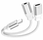 Swissten TEXTILE Nabíjací audio adaptér USB-C(M) - USB-C(F) - 3.5mm jack 0.12m biela (73502304)