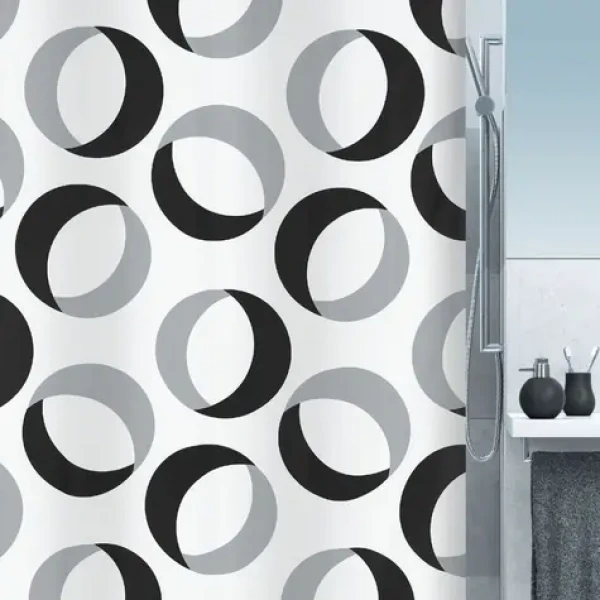 Spirella RINGS sprchový záves motív prstencov 180 x 200 cm šedo-čierny / polyester (7610583151841)
