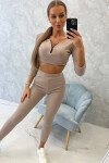 Žebrovaný crop top set tmavě béžový UNI