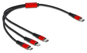 DeLock USB-C čierna, červená / Napájací kábel 3v1 / USB-C na Micro-USB, USB-C, Lightning / 0,3 m (86710)