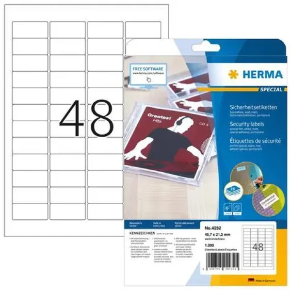 Herma bezpečnostné etikety biele 45,7x21,2 mm / Etikety / Fólie / 1200 ks / A4 (4232)