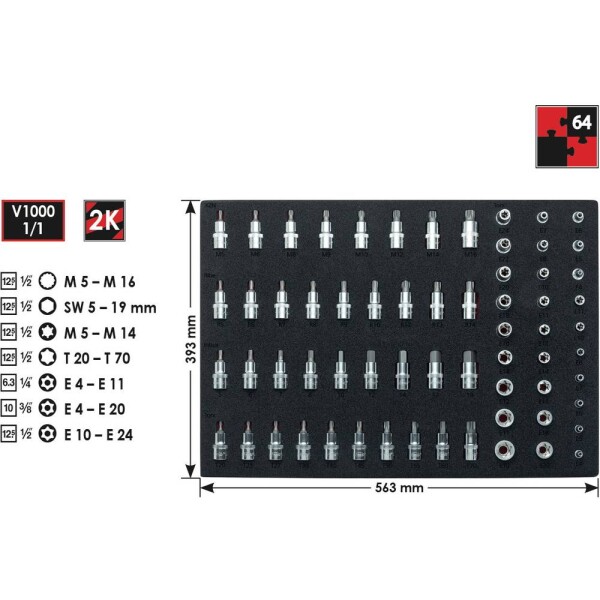 Vigor súprava nástrčných kľúčov a bitov 1/2 (12.5 mm), 1/4 (6,3 mm), 3/8 (10 mm) 64-dielna V2837; V2837