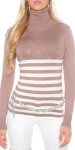 Sexy KouCla turtleneck striped + rhinestones CORAL Einheitsgroesse