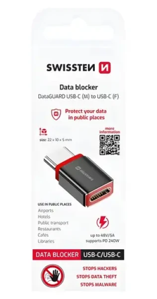 Swissten DataGUARD čierna / Nabíjací adaptér / USB-C na USB-C / blokácia dát (73501220)