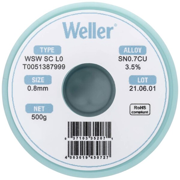 Weller WSW SC L0 spájkovací cín bez olova cievka Sn0,7Cu 500 g 0.8 mm; T0051387999