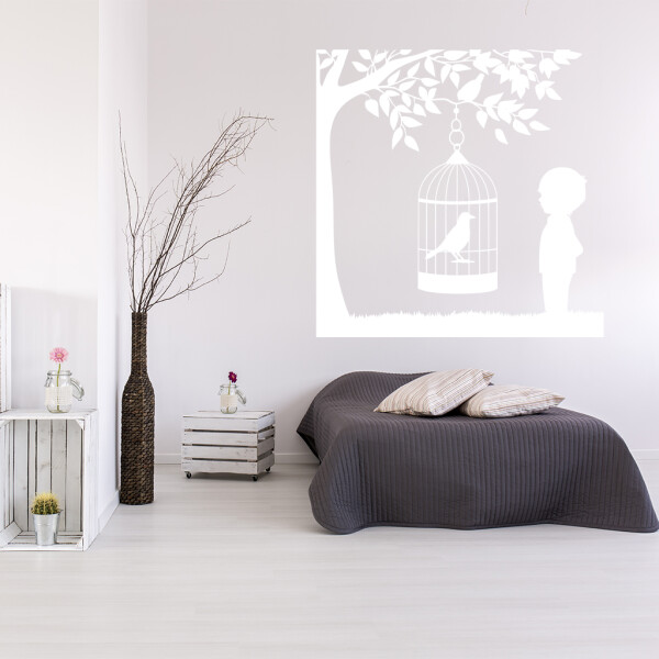 Veselá Stena Samolepka Vtáčik v klietke na strome Farba: biela, Veľkosť: 40 x 40 cm