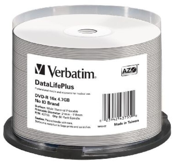 Verbatim DVD-R DataLifePlus / 4.7GB / 16x / Wide Thermal Printable / no-ID / 50 pack Spindle (43755)