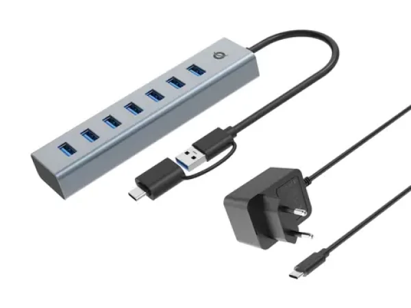 Conceptronic USB hub 7x USB-A 3.0 sivý / USB hub / USB-C adaptér / napájací adaptér / hliníkové telo (HUBBIES21GP)