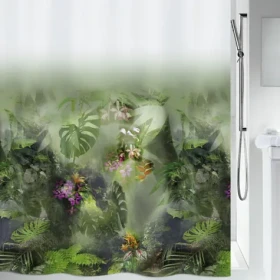 SPIRELLA Sprchový záves JUNGLE bielo-zelený / motív džungle / 180 x 200 cm / polyester