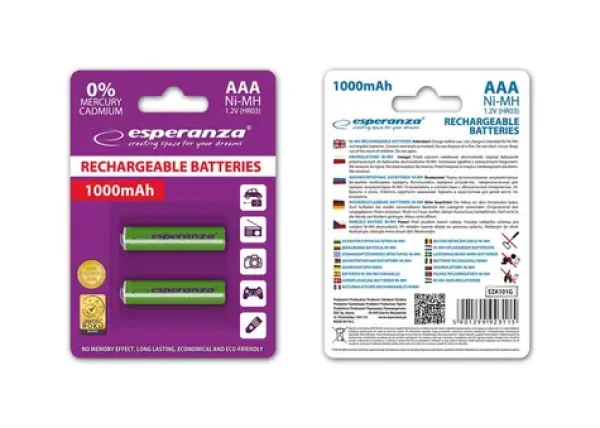 Esperanza Nabíjacia batéria AAA zelená / 1.2V / 1000mAh / Ni-MH / 2 ks / v blistri (EZA101G - 5901299923115)