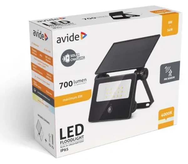 Avide LED reflektor solárny s PIR čidlom / Vonkajšie svietidlo / 700 lm / akumulátor a solárny panel (ASOLFLNW-18-CMSP-PIR)