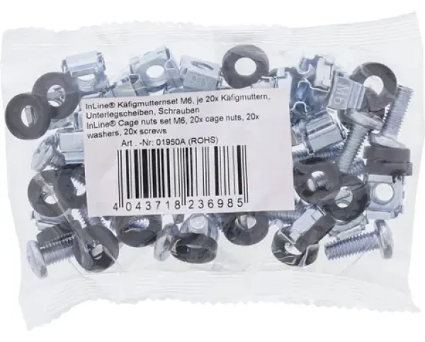 InLine Montážna sada M6 20 ks / Montážna sada do racku / klietkové matice a skrutky / 16 mm / kov, plast (01950A)