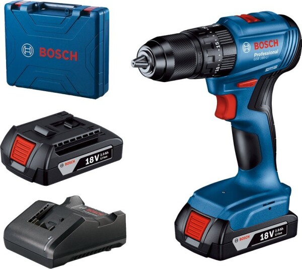 BOSCH GSB 185-LI - 2x 2.0 Ah modrá / AKU kombinovaný skrutkovač / 18 V / 2 Ah / 1900 ot./min / Li-lon / príslušenstvo (06019K3100)