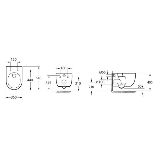 Bruckner - GLANZ závesná WC misa, Vortex Rimless, 36x52,5cm, biela 201.336.4