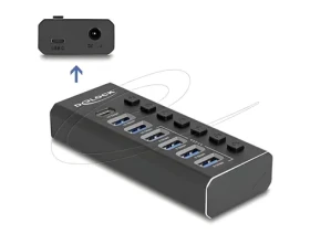 DeLock 7portový USB hub čierna / USB hub / 4× USB-A 5 Gbps + 2× USB-A 10 Gbps + USB-C 10 Gbps / kovové telo / AC adaptér (64326)