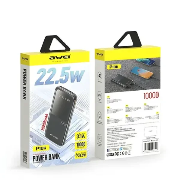 Awei P10K čierna / Powerbanka / 10000mAh / 22,5W / PD 20W / 3x výstup (P10K)