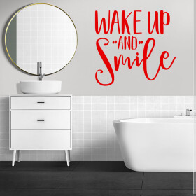 Veselá Stena Samolepka Nápis Wake up and Smile Farba: červená, Veľkosť: 100 x 93 cm
