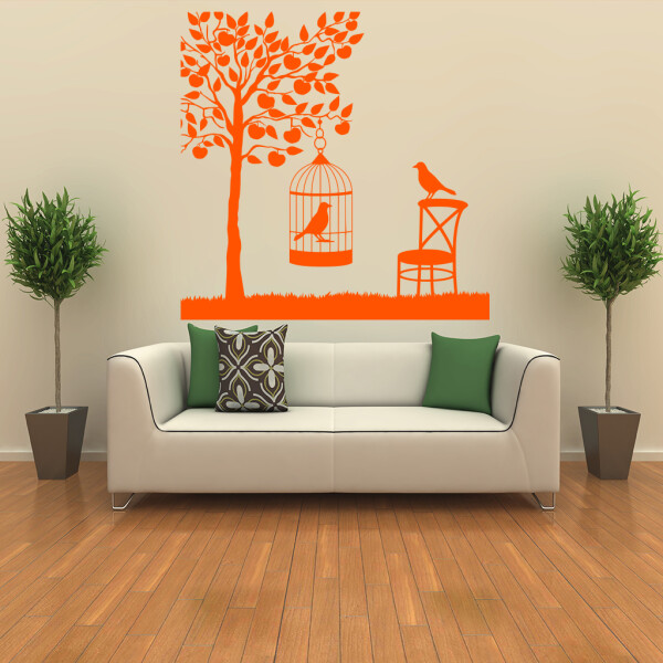 Veselá Stena Samolepka Vtáčik v klietke Farba: oranžová, Veľkosť: 60 x 60 cm