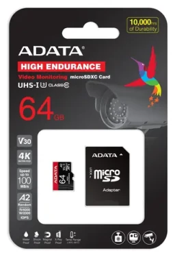 ADATA High Endurance / Micro SDXC karta / 64 GB / UHS-I U3 / Class 10 / čítanie 100 MB/s / zápis 80 MB/s / + adaptér (AUSDX64GUI3V30SHA2-RA1)