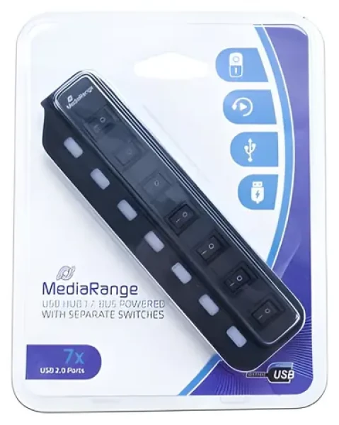 MediaRange USB hub čierna / 7 portov / USB 2.0 / Plug and Play (MRCS504)