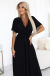 545-5 Dlhé šaty so skladaným výstrihom a viazaním - ČIERNE UNI