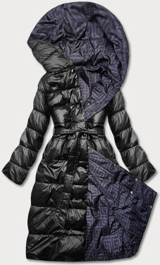 Čierna obojstranná dlhá bunda s kapucňou (p22-6638-1) odstíny fialové 56