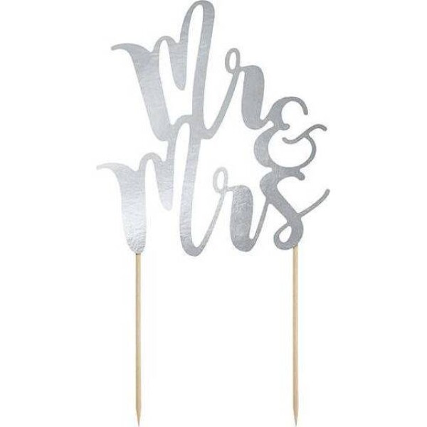 PartyDeco zapichovacia dekorácia na tortu strieborná Mr&Mrs KPT10-018M tortis - PartyDeco - PartyDeco
