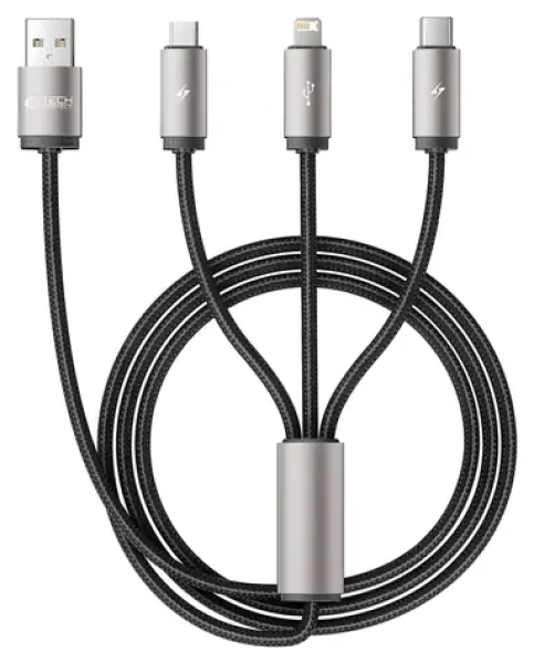 Tech-Protect UltraBoost 3in1 sivá / Nabíjací kábel / USB-A / Micro-USB / Lightning / USB-C / 1 m / 3,5 A