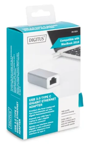 Digitus DN-3024 biela / Sieťový adaptér / USB-C 3.2 Gen 1 / RJ45 Gigabit Ethernet / 10/100/1000 Mbps (DN-3024)