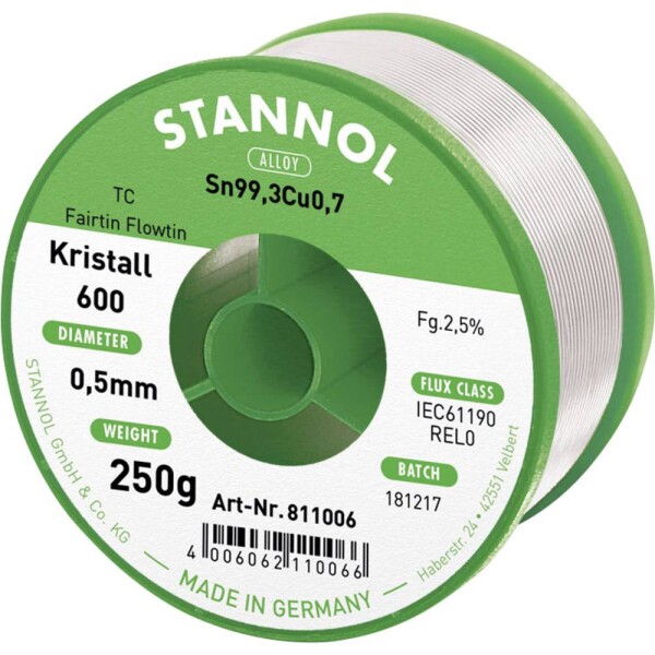 Stannol Kristall 600 Fairtin spájkovací cín bez olova bez olova Sn99,3Cu0,7 REL0 250 g 0.5 mm; 811006