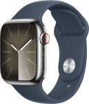 Apple Watch Series 9 GPS + Cellular, 41mm Koperta ze stali nierdzewnej w farbaze strieborným z paskiem sportowym w farbaze sztormowego błękitu - S/M