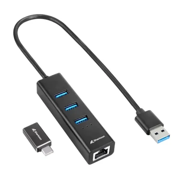 Sharkoon 3- Port USB 3.2 Gen 1 Alu Hub + Ethernet čierna / 3x USB-A 3.2 / 1x RJ-45 (4044951037575)
