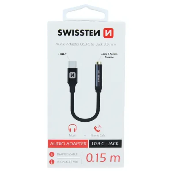SWISSTEN TEXTILE audio adaptér USB-C na JACK (samica) 0.15m čierna (73501301)