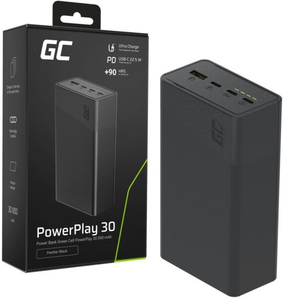 Green Cell Greencell PowerPlay 30 - Čierny powerbank 30 000mAh, 22,5W, 4 porty