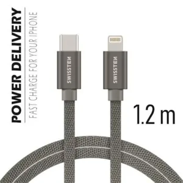SWISSTEN TEXTILE dátový kábel USB-C - Lightning 1.2m šedá (71525202)
