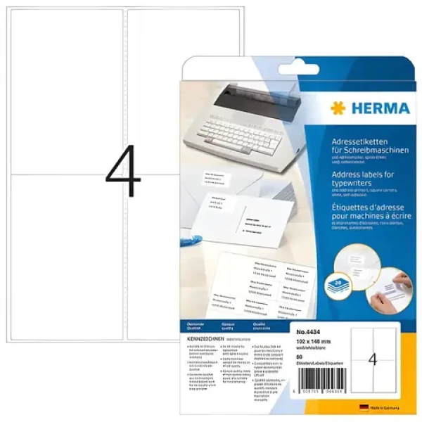 Herma Adresné etikety 102x148 mm zaoblený roh / Etikety / papier / biela / matné / 80 ks / 20 listov (4434)