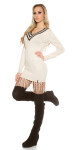 Trendy KouCla V-Cut knit derss with fringe BEIGE Einheitsgroesse