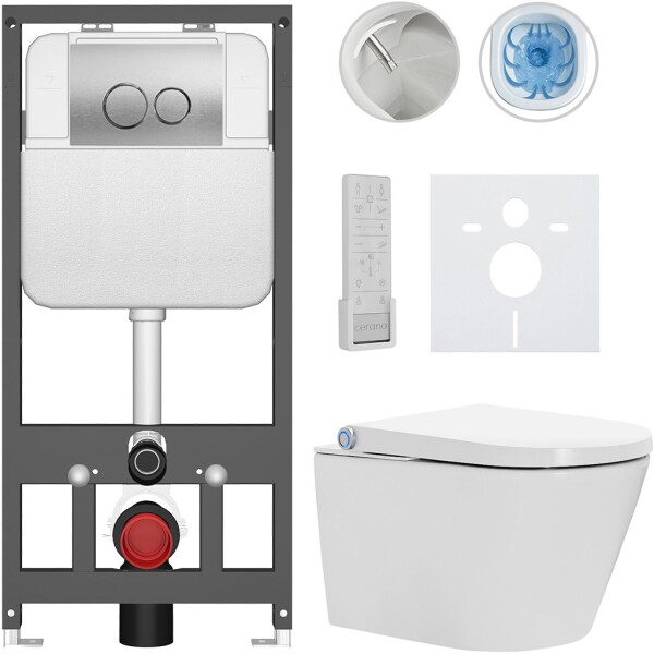 CERANO - Závesné WC s bidetom Basic/Cronus Premium - biela lesklá - WC tlačidlo Dualo/Strieborná - závesné - predstenová inštalácia - 59,3x38,4 CER-8050BD86478
