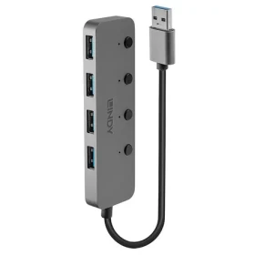 Lindy USB hub 4 porty šedá / USB hub / vypínače portov / USB 3.0 / 5 Gb/s / hliníkové telo (43309)