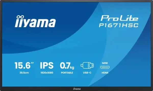 15.6" IIYAMA ProLite P1671HSC-B1 čierna / LED / IPS / 1920 x 1080 / 16:9 / USB-C + miniHDMI / 250cd-m2 / prenosný monitor (P1671HSC-B1)